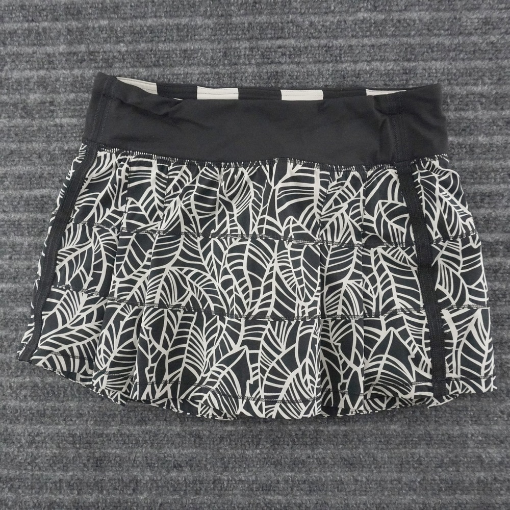 Lululemon Skort Womens 4 Black White Leaf Print Tiered Ruffle Athletic Skirt